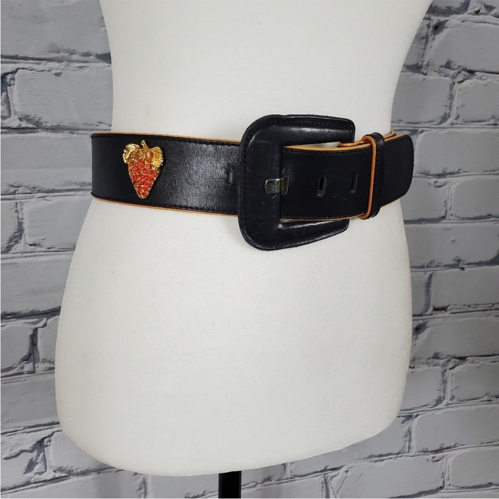 Escada Vintage Chunky Black Leather Belt with Strawberry Embellishments